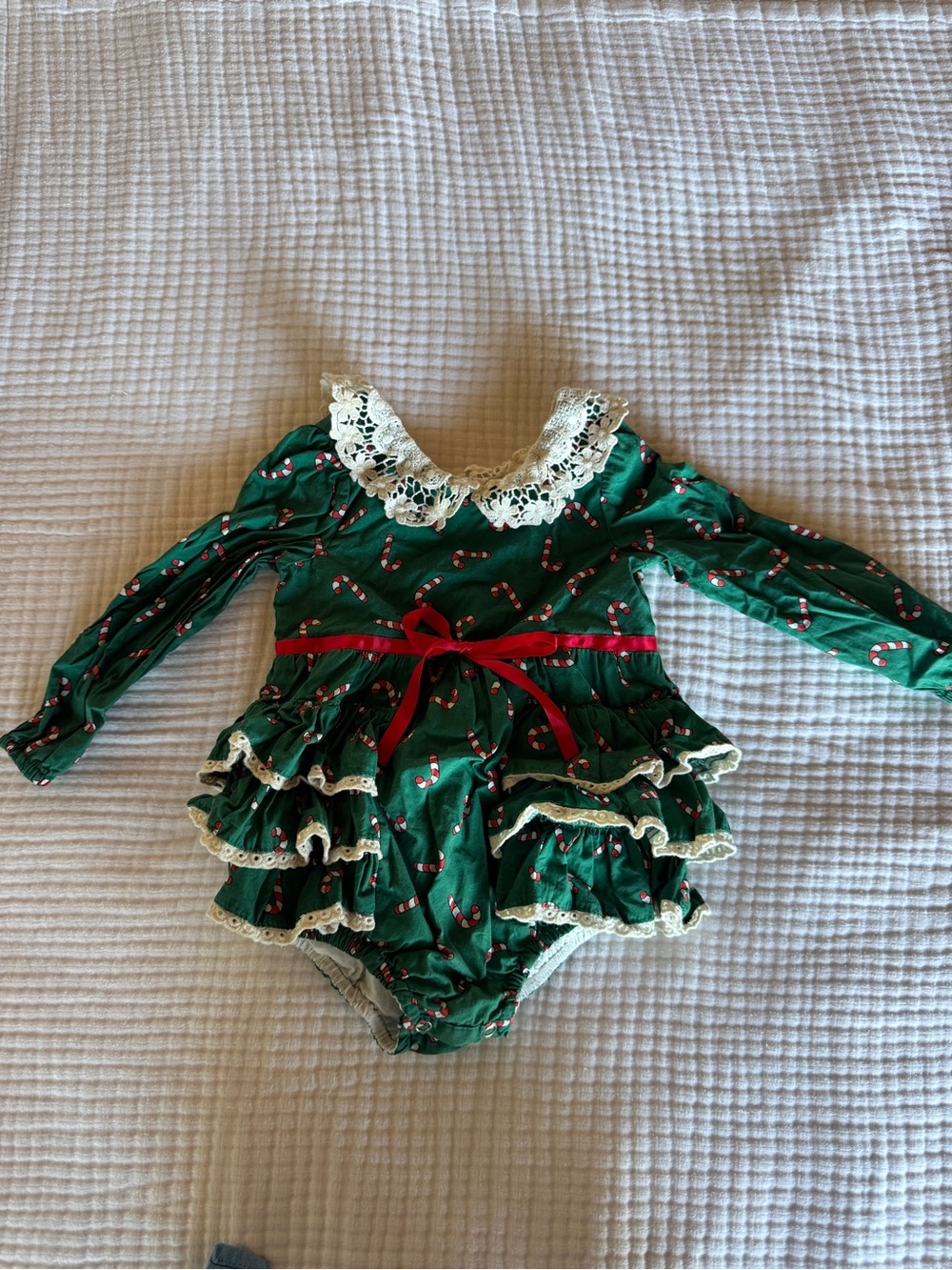 Vintage styled Holiday Green Candy Cane Ruffled One-Piece with Lace Collar